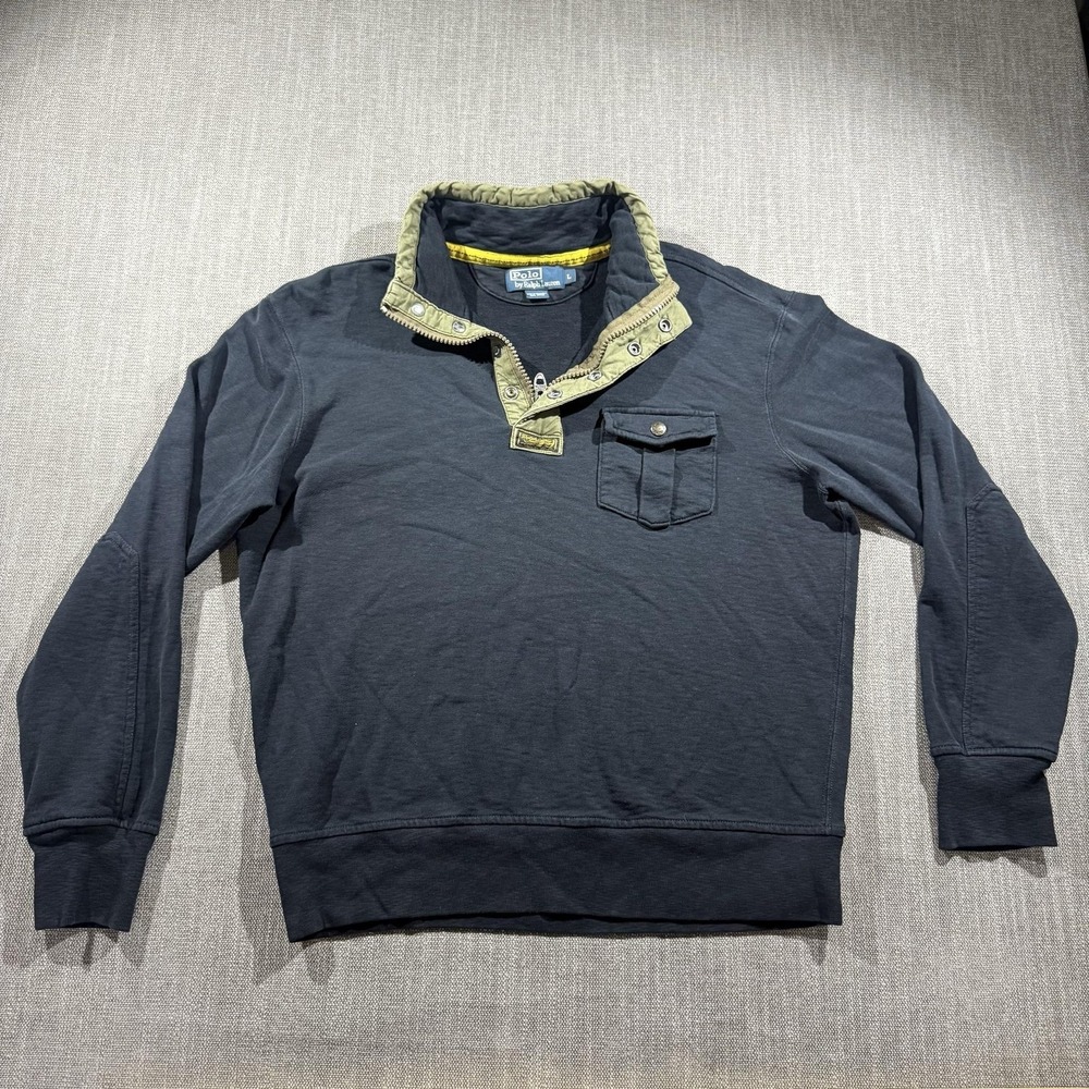 Polo Ralph Lauren Pullover Mens Large 1/4 Zip Snap Pocket Military Pullover Vtg